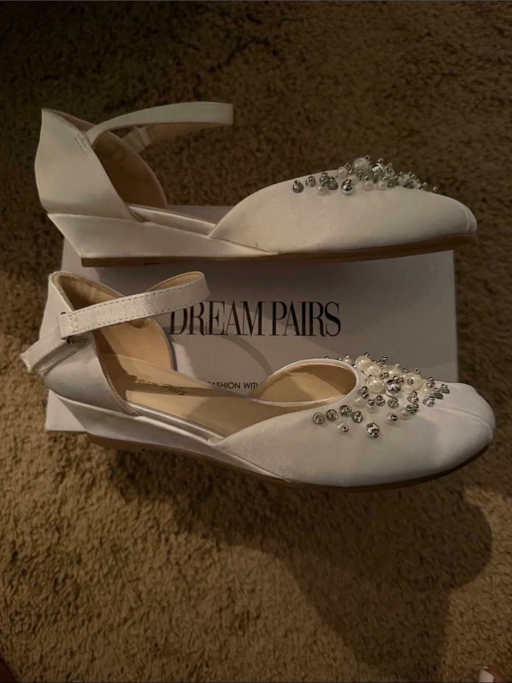 White Embellished Girls Ankle-Strap wedge dress shoe